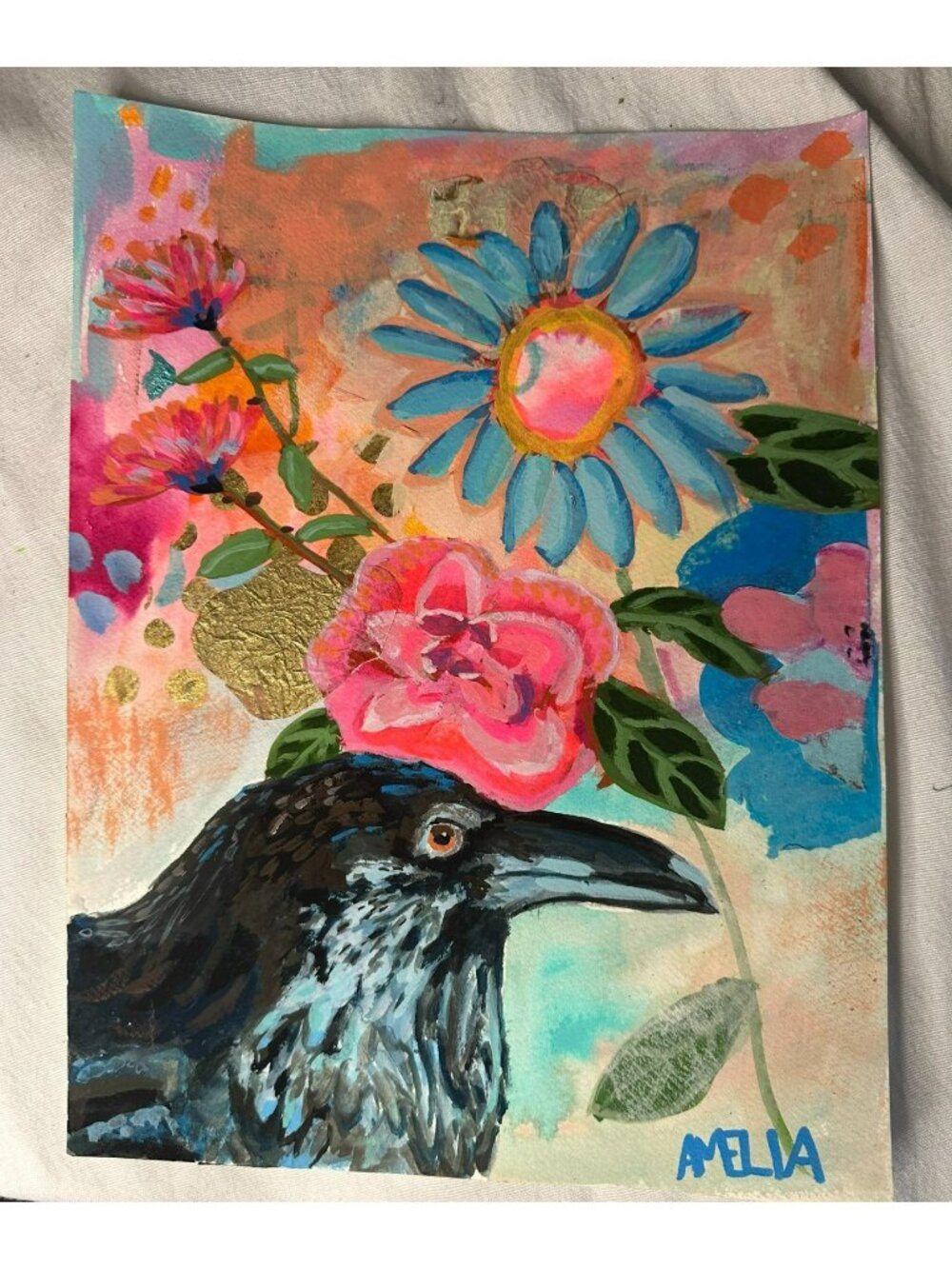 Original Art Crow Painting OOAK Persephone's Dream Floral Dreamy 9x12 Wall Art - Picture 2 of 2